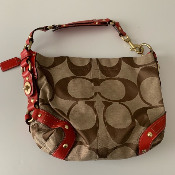 Beige Carly Hobo Coach Bag with Red Handle - Picture 2 of 3